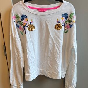 Lilly Pulitzer large Sheridan white sweatshirt sequin parrot